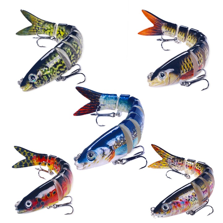 Set 5 Momeli Artificiale cu Carlige, SINBINTA, Carlig intarit, Miscare realista, Universal in toate apele, Usor de manevrat, Potrivit pentru prinderea de bas, biban galben, pastrav si somon, Plastice, 13.4cm, Negru