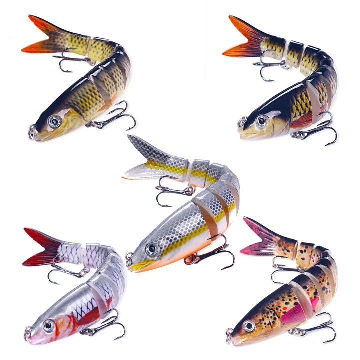 Set 5 Momeli Artificiale cu Carlige, SINBINTA, Carlig intarit, Miscare realista, Universal in toate apele, Usor de manevrat, Potrivit pentru prinderea de bas, biban galben, pastrav si somon, Plastice, 13.4cm, Alb