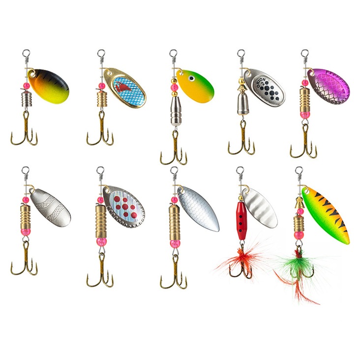 Set 10 momeli artificiale cu carlige, SINBINTA, Set spinnere lingurite rotative metalice, Universal in toate apele, Usor de manevrat, Potrivit pentru prinderea de bas, biban galben, pastrav, 81g, Metal, Multicolor