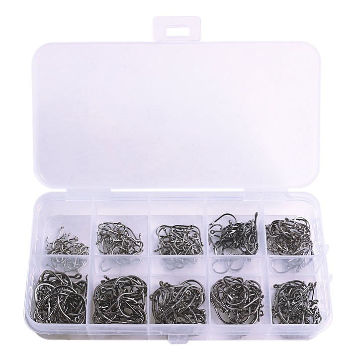 Set 300 buc carlige pescuit, Hggzeg, Accesorii pentru pescuitul, Cu cutie de plastic portabila, 10 marimi (3#-12#), Pentru apa sarata apa dulce apa dulce pescuit la gheata, peste pisica pastravul pastravul bass, Otel Carbon, 12.5x6.5x2cm, Argint