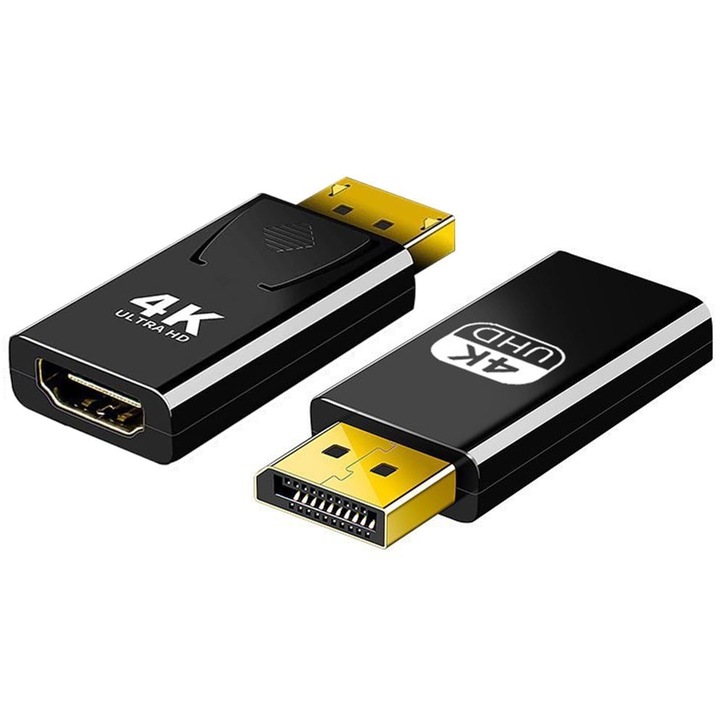 Set 2 Adaptor DP la HDMI, SINBINTA, Ultra HD, 60Hz, Rezolutie maxima la 4K, Compatibilitate larga, Stabilitate, Plug &Play, Unidirectional, Pentru HDTV, proiector, desktop, Plastic ABS, 23x50x9mm, Negru