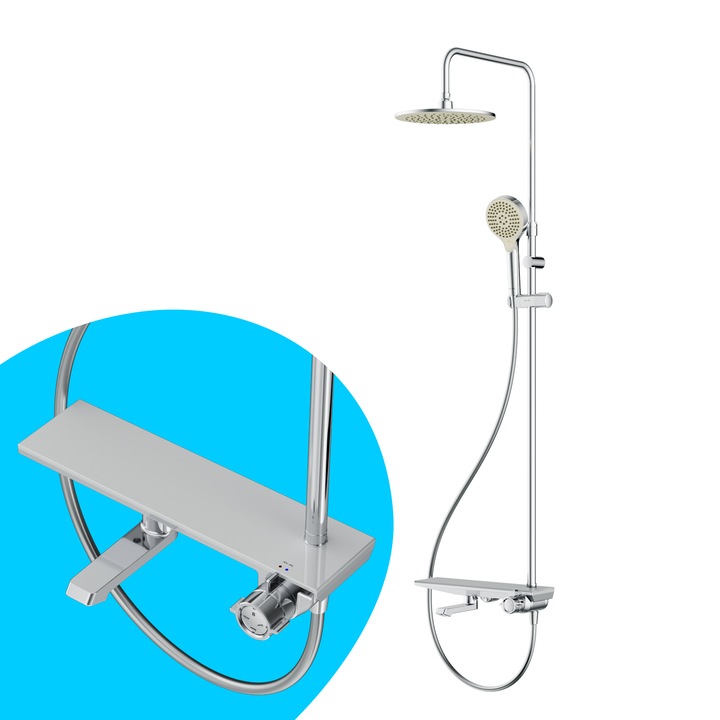 Coloana de dus AM.PM Flash F079H700 cu raft si mixer, cu coloana telescopica, para dus mobila, protectie impotriva arsurilor, Crom