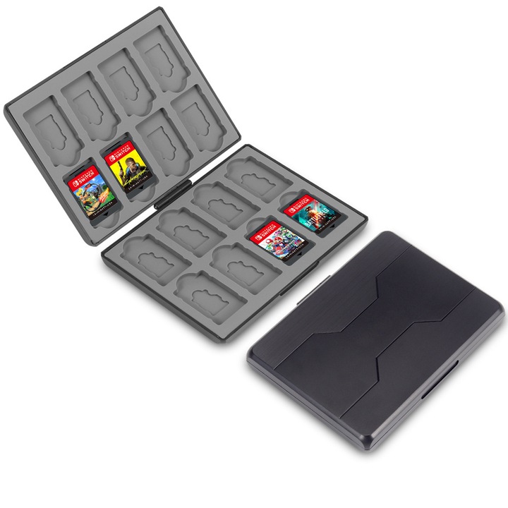 Carcasa de protectie pentru carduri SD, TF, BOMSTOM, 16 Sloturi, inchidere magnetica automata, anti-static，rezistenta la cadere, plastic, 11,5 x 3,5 x 8 cm, Negru