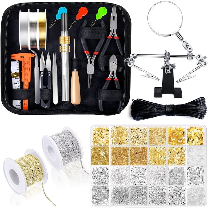 Пълен комплект инструменти за изработка и поправка на бижута, Excitat®, Universal, Гривни, Обеци, Включени лупа, 3 клещи, 1830 части, Многоцветни