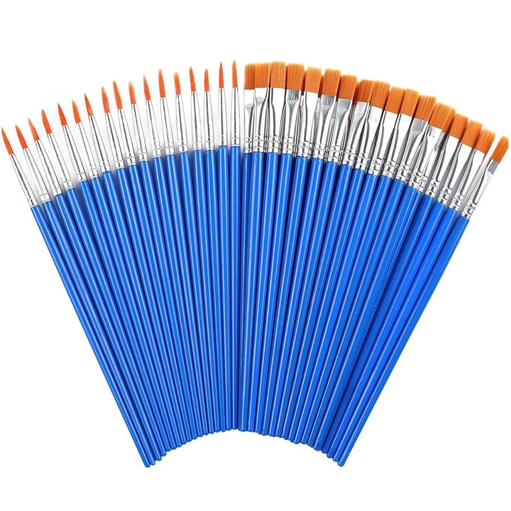 Set 60 Pensule pentru Pictura, SINBINTA, Peri de nailon rezistenti la caldura si uzura, Usor de curatat, Pentru acuarela acrilica, de ulei, detalii miniaturale si pictura pe piatra, Plastic, 165*8/170*8mm, Albastru