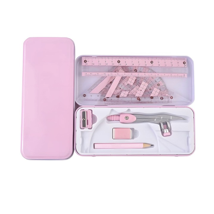 Set 8 Compas Reglabil, SINBINTA, Cu rigla, raportor, busola, creion, ascutitoare de creion si radiera, cutie de fier rezistenta la rupere, Durabila, Pentru scoala, acasa sau birou, Plastic/Metal, 180*79mm, Roz