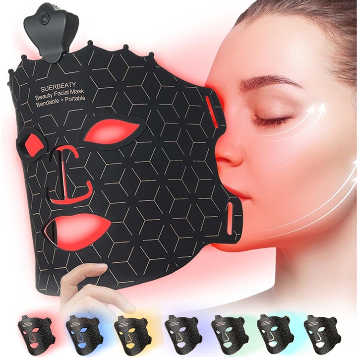 Masca de Fata cu Fototerapie, Seafly, 80 LED-uri, 240 de Fascicule, Reduce Pliurile Faciale, Anti-Imbatranire, Anti-Acnee, Tonul Pielii Deschise, Piele Neteda, Usor de Utilizat, Ergonomica, Potrivita Pentru Baieti si Fete de Toate Tipurile de Piele, Negru