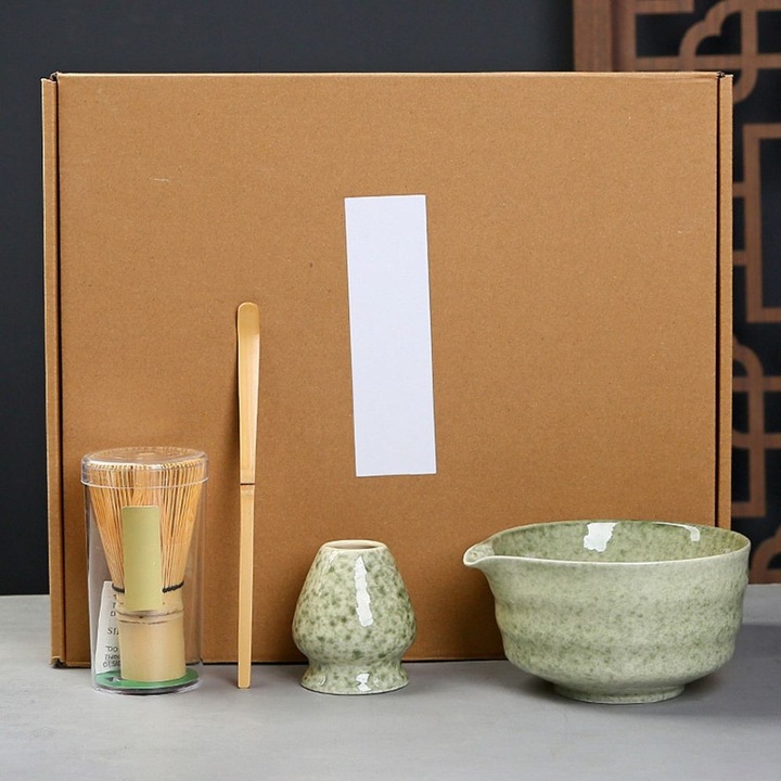 Комплект 4 аксесоара за Матча, Tressino, бамбук/керамика, традиционен ръчен комплект за подарък Матча, комплект за чай Матча за приготвяне на Матча, с купа за Матча, бамбукова бъркалка, лъжичка за чай, светлозелен