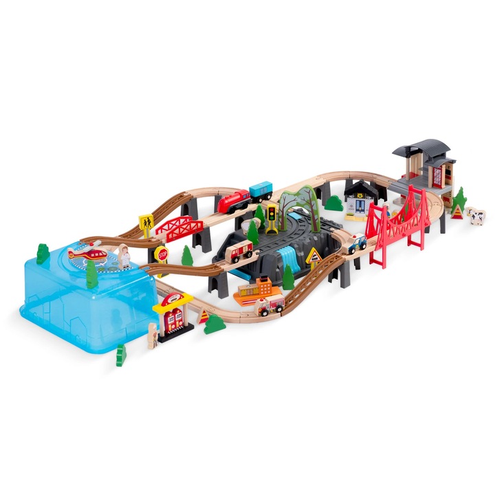 DacEnergy interaktív vonatkészlet, fából, mozdony, kocsi és egyéb járművek, ember- és állatfigurás készlet, 100 db, 118 x 59 x 17 cm, natúr