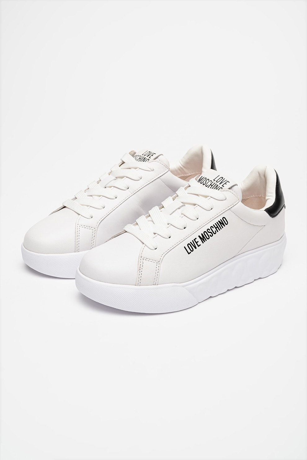 nozominnn♡ Love Moschino, Pantofi sport de piele cu logo, Negru, Alb murdar