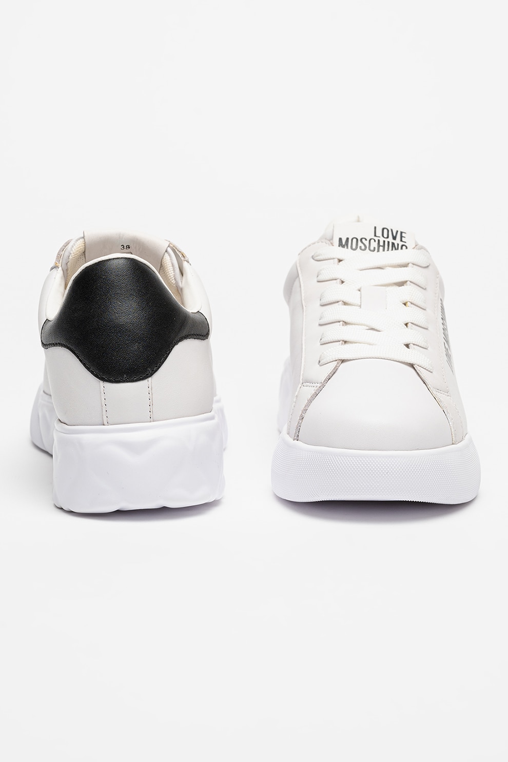 nozominnn♡ Love Moschino, Pantofi sport de piele cu logo, Negru, Alb murdar