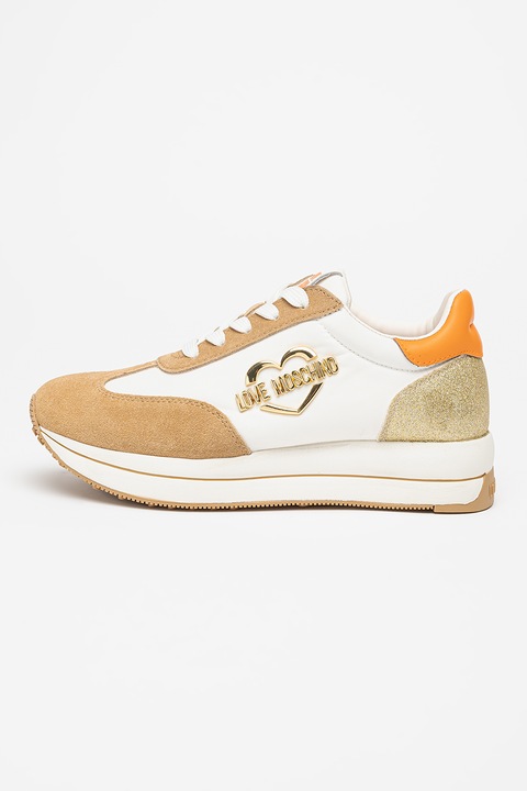 Love Moschino, Logós sneaker nyersbőr betétekkel, Bézs/Mandarinszín/Törtfehér