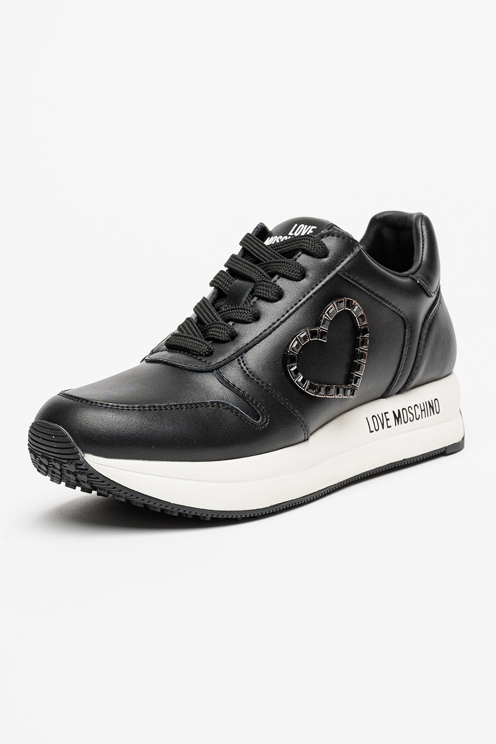 nozominnn♡ Love Moschino, Pantofi sport de piele cu logo, Negru, Alb murdar