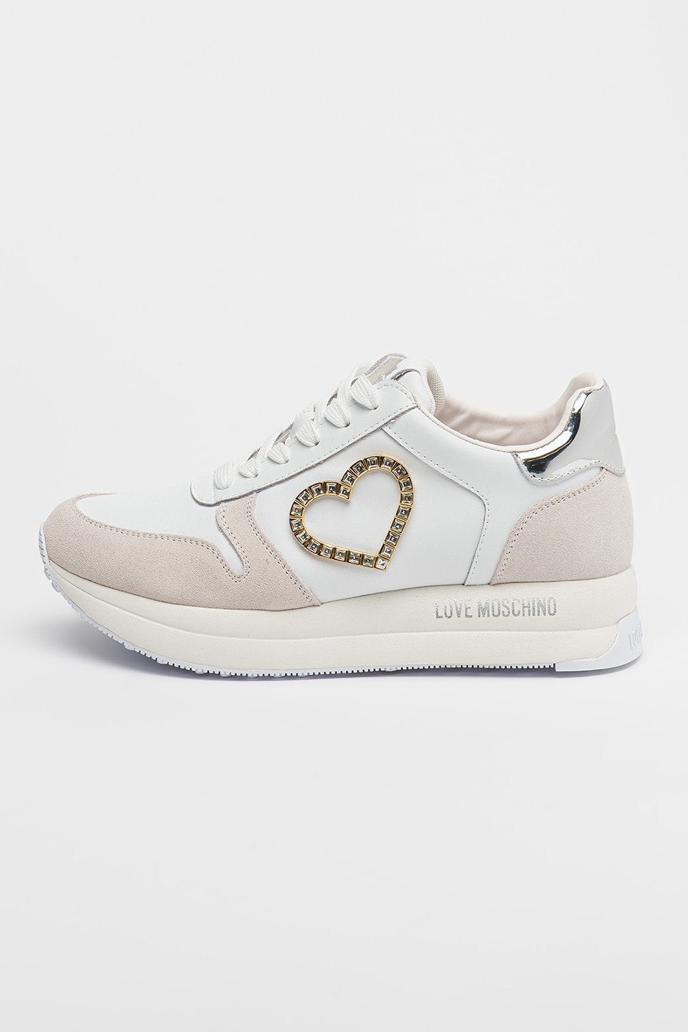 Love Moschino, Pantofi sport de piele cu detalii in forma de inima