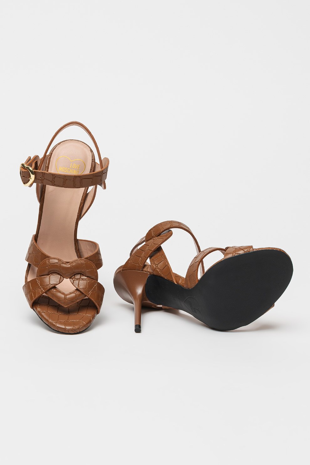 Love Moschino, Sandale din piele cu toc stiletto, Maro scortisoara