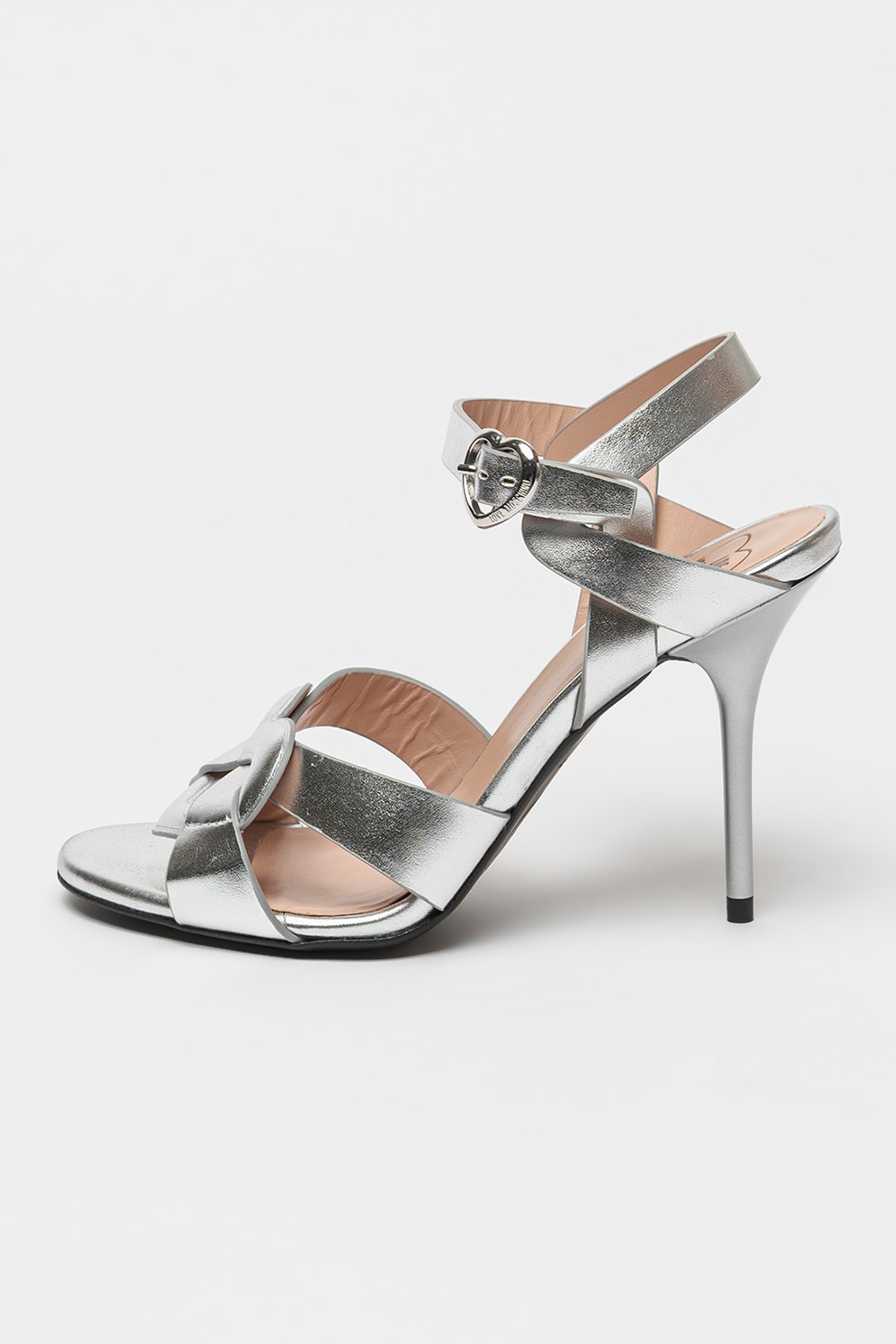 Love Moschino, Sandale cu toc si aspect metalizat, Argintiu, 39