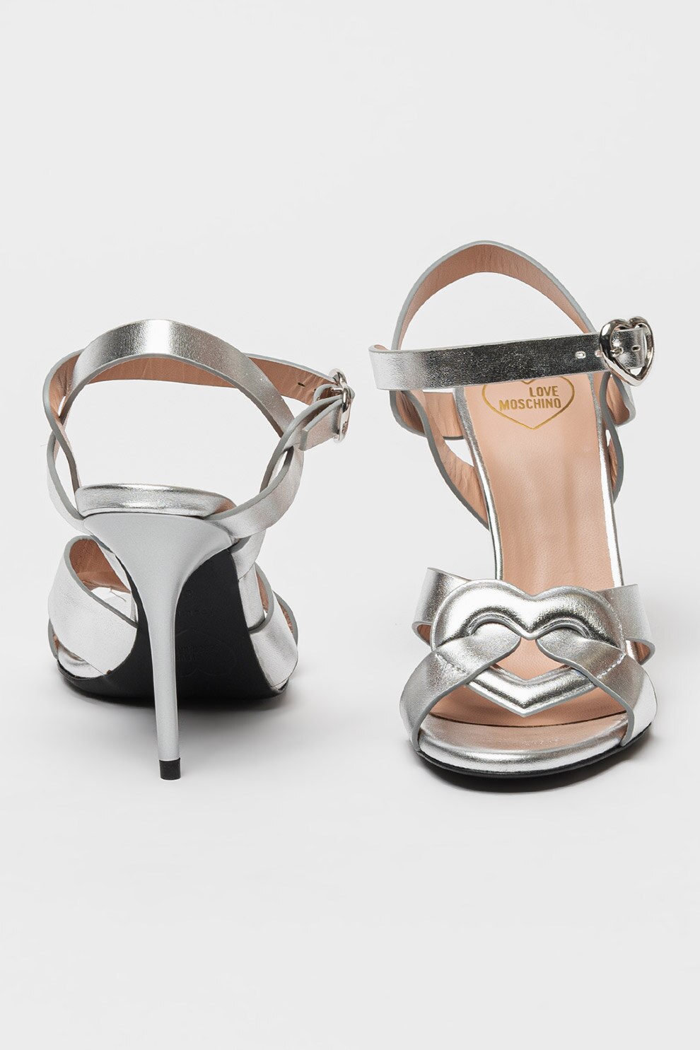 Love Moschino, Sandale cu toc si aspect metalizat, Argintiu, 39