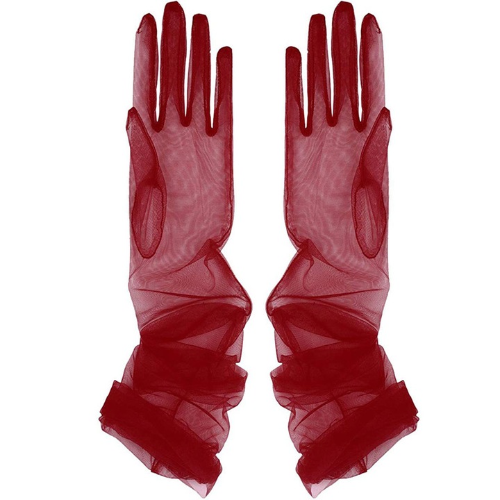 Hosszú tüll kesztyű, egy méret, 55cm, elegáns, hosszú, könyök felett, Piros