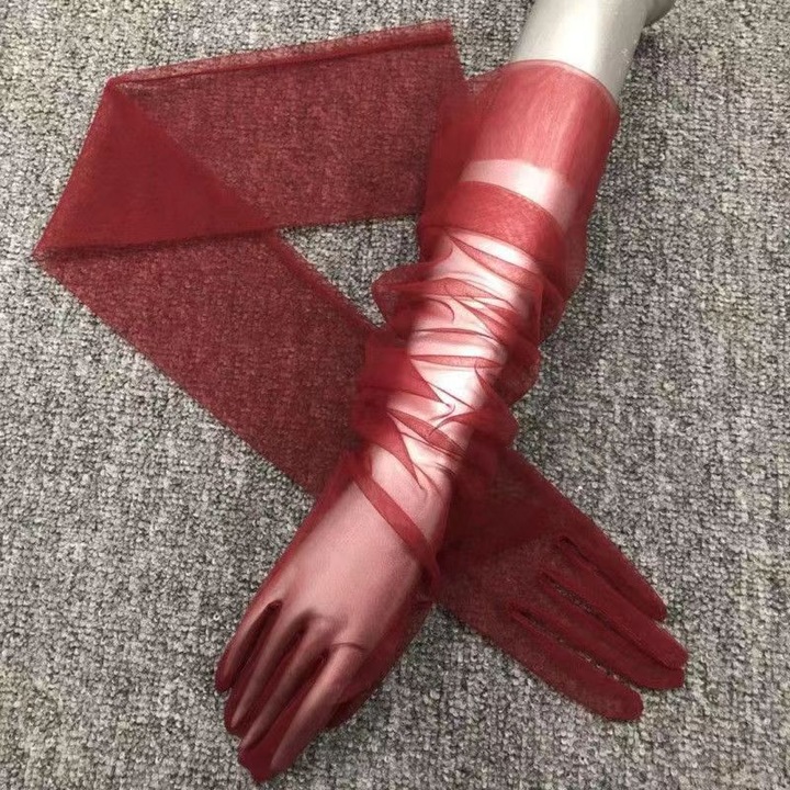 Hosszú tüll kesztyű, egy méret, 55cm, elegáns, hosszú, könyök felett, Piros