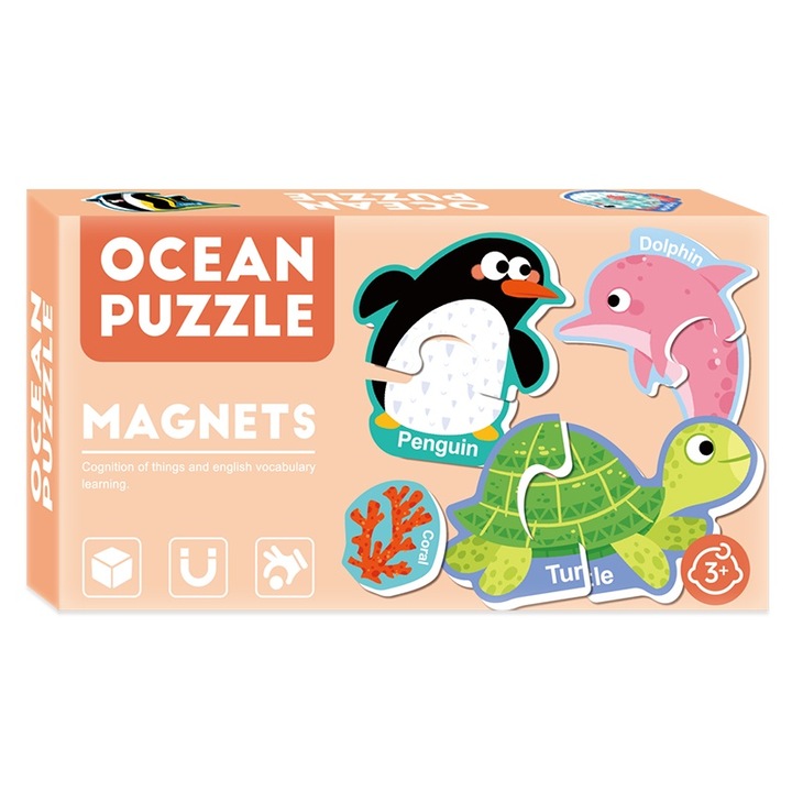 Puzzle magnetic, 30 de bucati, magnet de frigider colorat cu animale de mare, set de jucarii educationale, joc de puzzle, potrivit pentru copii cu varsta intre 3-5 ani