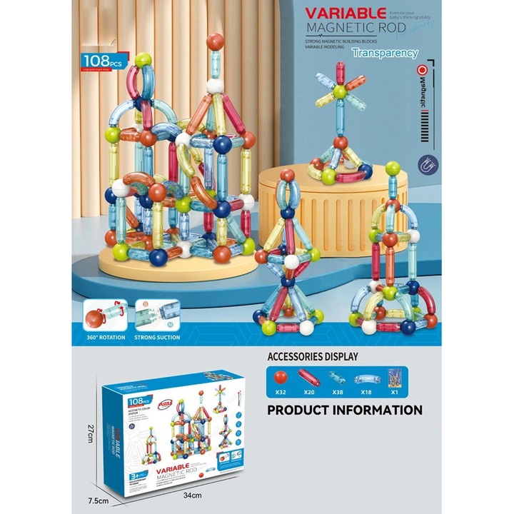 Mamido Set constructie magnetica, variabila, 108 buc