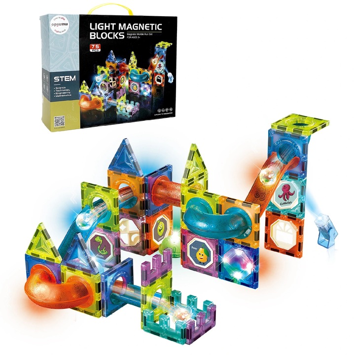 Mamido Kit магнитна конструкция, писта за топки със светлинни ефекти 75 бр