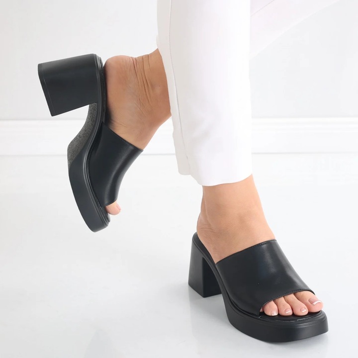 Papuci dama cu toc Negri din Piele Ecologica Minyl, Negru, 40