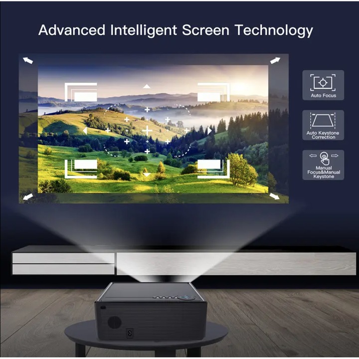 Videoproiector Xnano X7, Google TV, Android 11 si Wi-Fi, Bluetooth, portabil, 15000 Lumeni, Rezolutie 1920 x 1080 HD, Support 8K, Netflix, Disney+, Youtube, Dolby Audio, Focus Automat, HDMI, USB, Negru