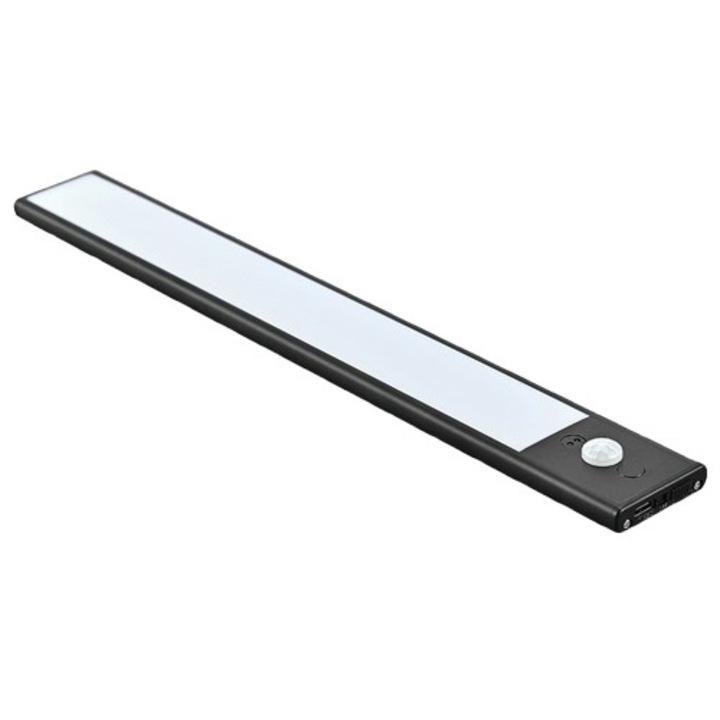 Lumina cu Senzor de Miscare pentru Dulap, Senzor de Miscare a Mainii, Iluminare sub Dulap, Lumina de Noapte Reincarcabila USB, 3 Culori si Luminozitate Reglabila, Ideala pentru Bucatarie, Dulap, 40cm, Negru