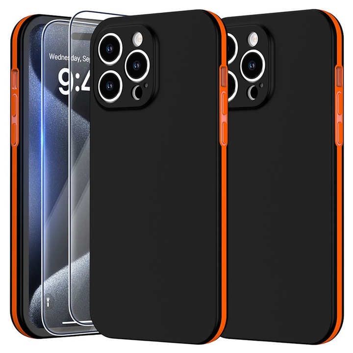 Husa compatibila cu iPhone 14 Pro, protectie 360° completa, culoare negru-portocaliu, inclusiv 2 folii de protectie HD pentru ecran