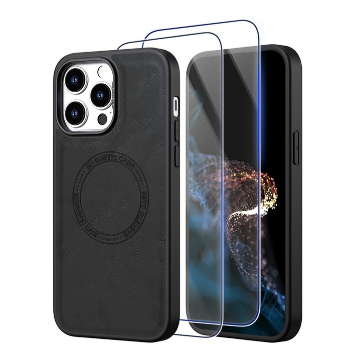 Husa telefon pentru Iphone 13 Promax, piele tehnica, protectie integrata din fibra, set cu 2 protectii pentru ecran