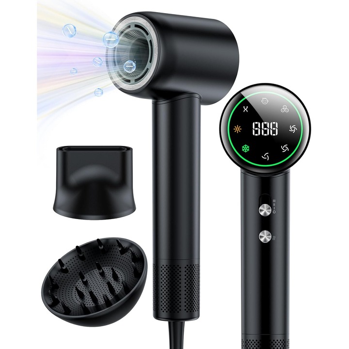 Сешоар OVELY Ултра-бърз, йонна технология против къдрене с 200 милиона отрицателни йони, 5 температурни настройки, 3 скорости, въртящ се на 360 дифузьор и дюза, тих и преносим, 5 пъти по-бързо изсушаване, 160 000 RPM HPD мотор