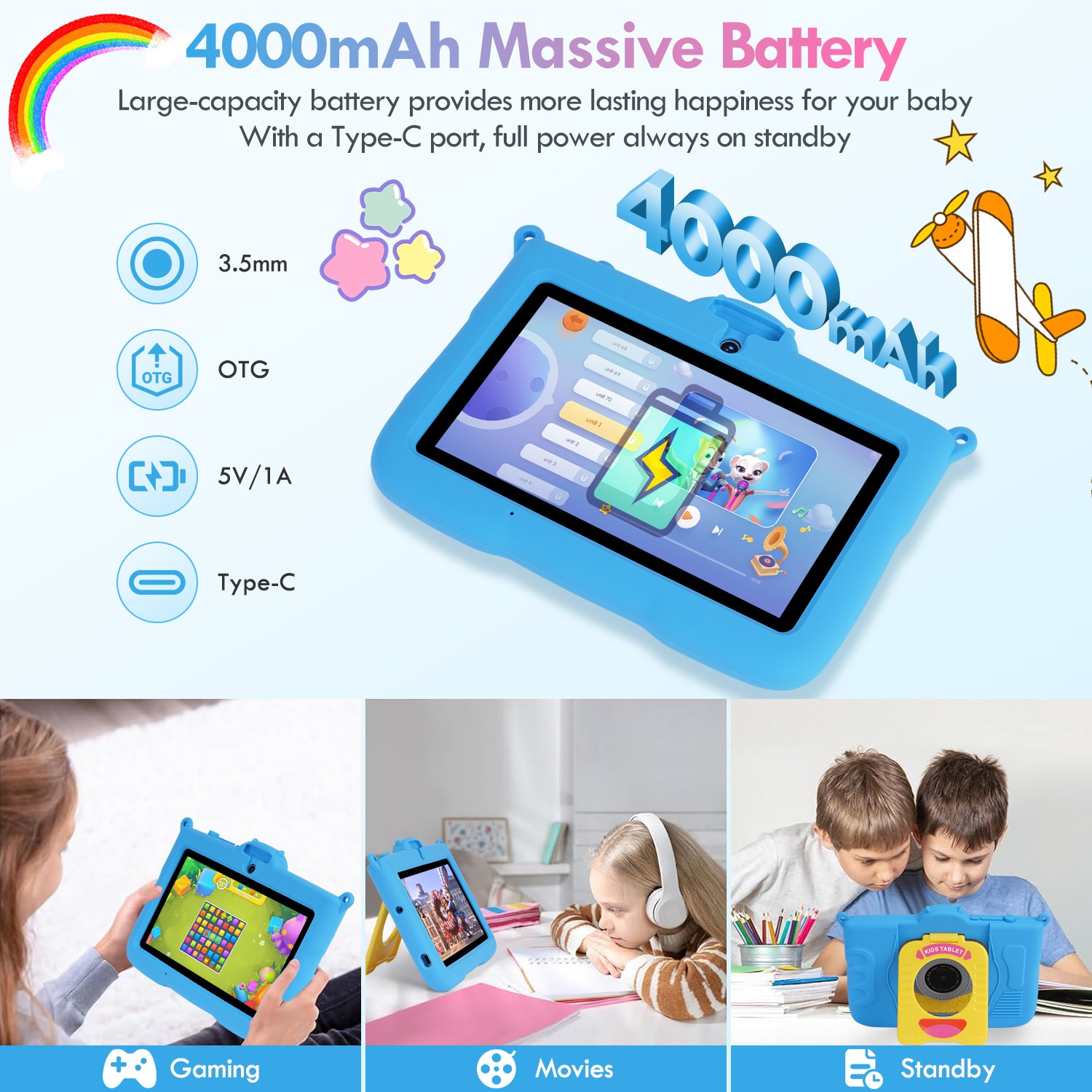 Tableta pentru copii, 7 inch, Android 13, 3-12 ani, 8 (3+5) GB RAM, 64GB ROM, Software pentru copii preinstalat, camera dubla, Bluetooth, WiFi, Software pentru copii preinstalat, Albastru, include husa de protectie