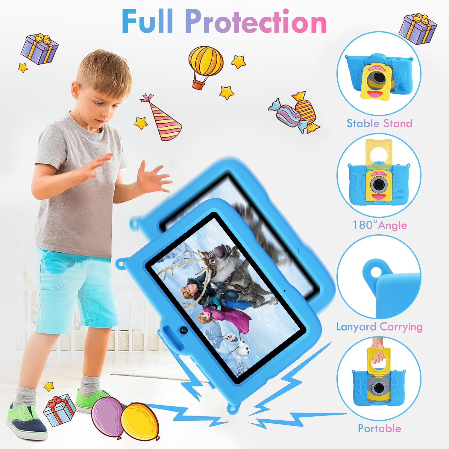 Tableta pentru copii, 7 inch, Android 13, 3-12 ani, 8 (3+5) GB RAM, 64GB ROM, Software pentru copii preinstalat, camera dubla, Bluetooth, WiFi, Software pentru copii preinstalat, Albastru, include husa de protectie