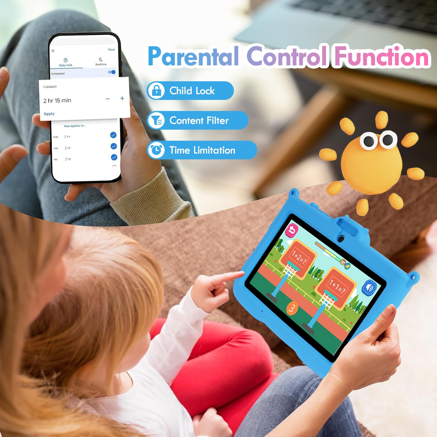 Tableta pentru copii, 7 inch, Android 13, 3-12 ani, 8 (3+5) GB RAM, 64GB ROM, Software pentru copii preinstalat, camera dubla, Bluetooth, WiFi, Software pentru copii preinstalat, Albastru, include husa de protectie