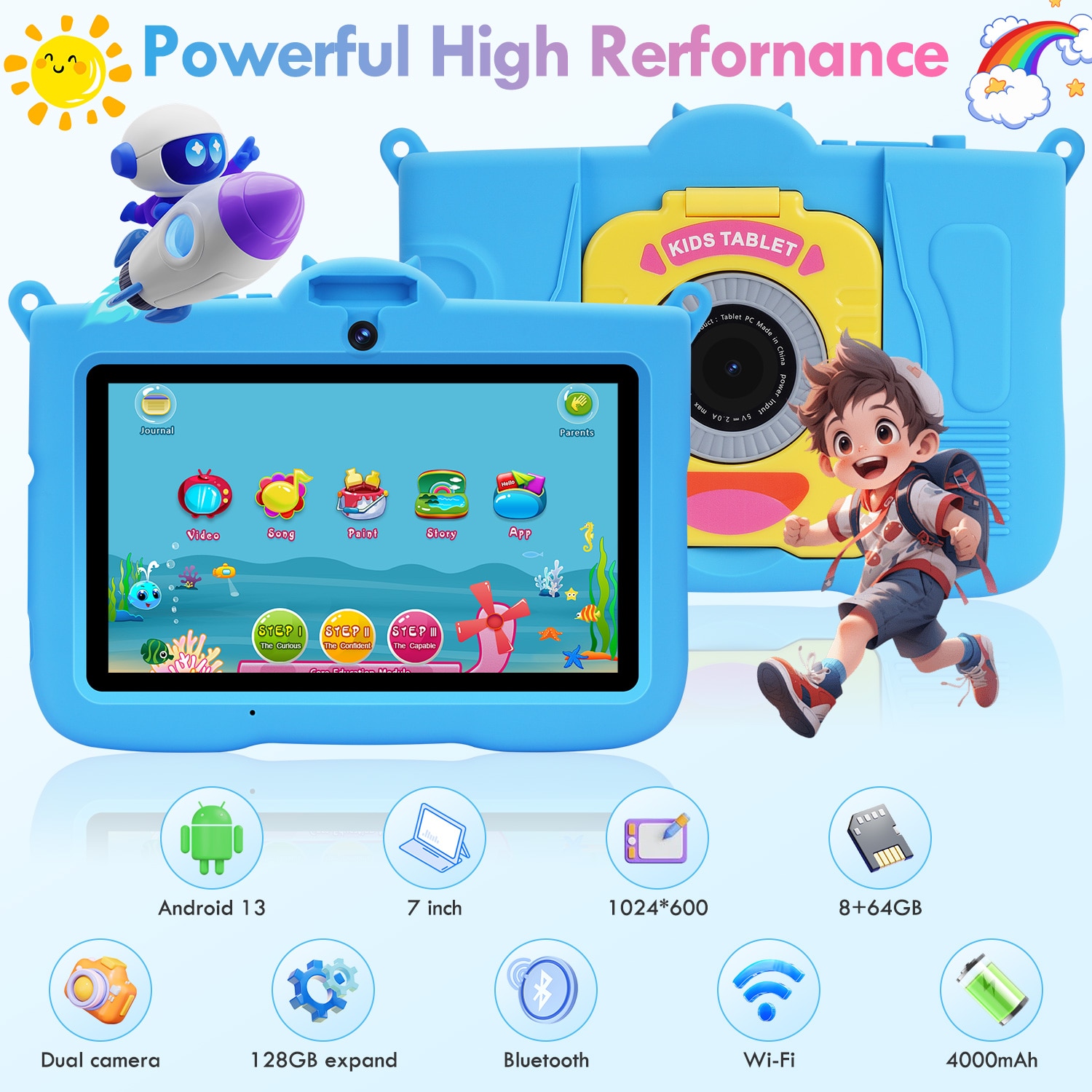Tableta pentru copii, 7 inch, Android 13, 3-12 ani, 8 (3+5) GB RAM, 64GB ROM, Software pentru copii preinstalat, camera dubla, Bluetooth, WiFi, Software pentru copii preinstalat, Albastru, include husa de protectie