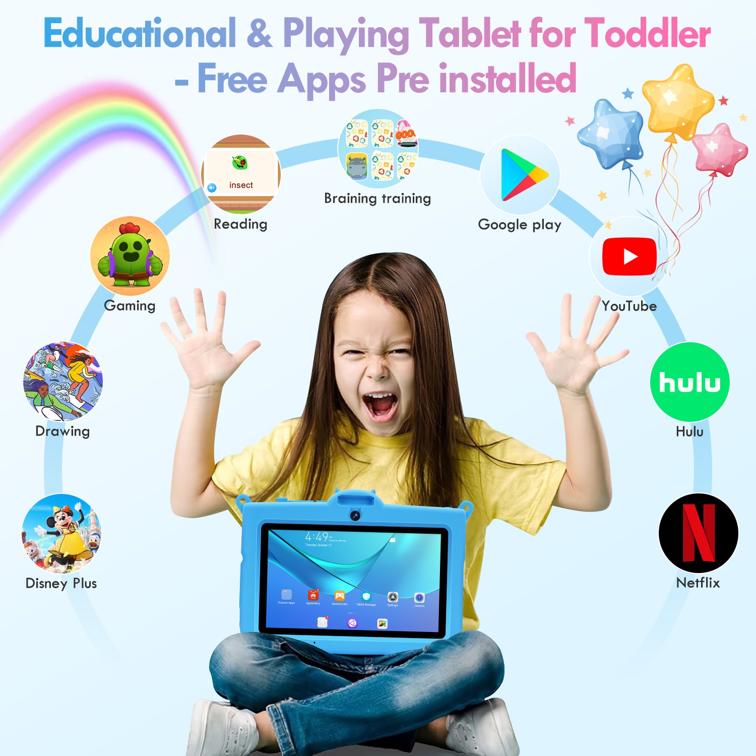 Tableta pentru copii, 7 inch, Android 13, 3-12 ani, 8 (3+5) GB RAM, 64GB ROM, Software pentru copii preinstalat, camera dubla, Bluetooth, WiFi, Software pentru copii preinstalat, Albastru, include husa de protectie
