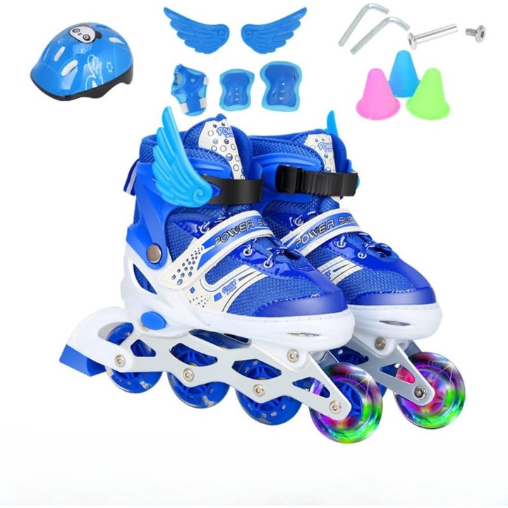 Állítható görkorcsolya gyerekeknek, Wacorresi, szabadidő görkorcsolya, világító szilikon kerekekkel, 4 soros kerékkel, térdvédővel, Professzionális vastagított ötvözet támasztékkal, többszörös védelemmel, légáteresztő, S 26-32 méret, kék
