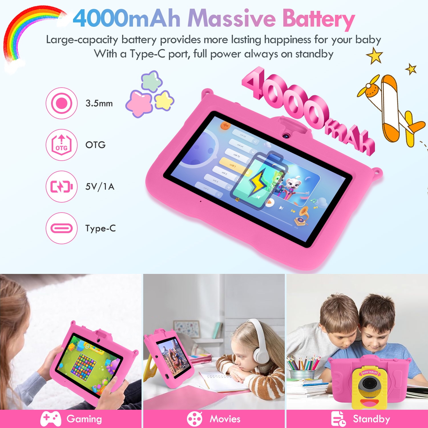 Tableta pentru copii, 7 inch, Android 13, 3-12 ani, 8 (3+5) GB RAM, 64GB ROM, Software pentru copii preinstalat, camera dubla, Bluetooth, WiFi, Software pentru copii preinstalat, Roz, include husa de protectie