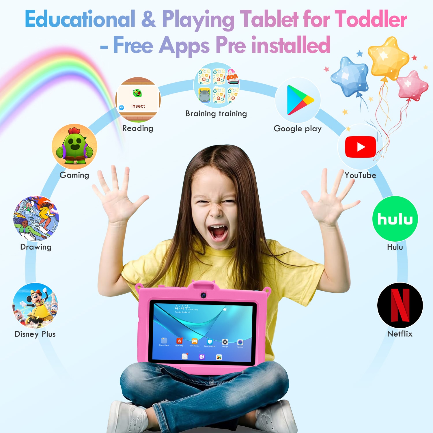 Tableta pentru copii, 7 inch, Android 13, 3-12 ani, 8 (3+5) GB RAM, 64GB ROM, Software pentru copii preinstalat, camera dubla, Bluetooth, WiFi, Software pentru copii preinstalat, Roz, include husa de protectie
