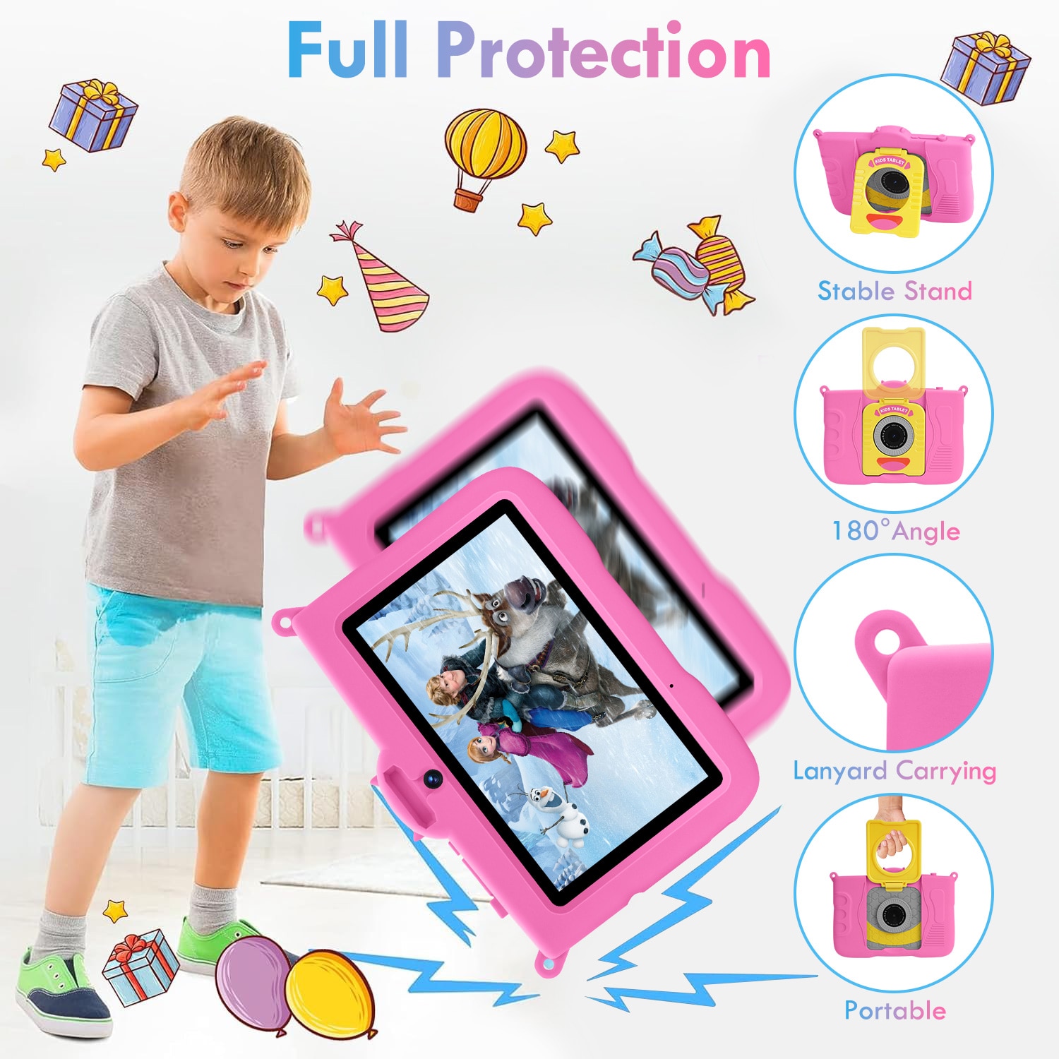 Tableta pentru copii, 7 inch, Android 13, 3-12 ani, 8 (3+5) GB RAM, 64GB ROM, Software pentru copii preinstalat, camera dubla, Bluetooth, WiFi, Software pentru copii preinstalat, Roz, include husa de protectie
