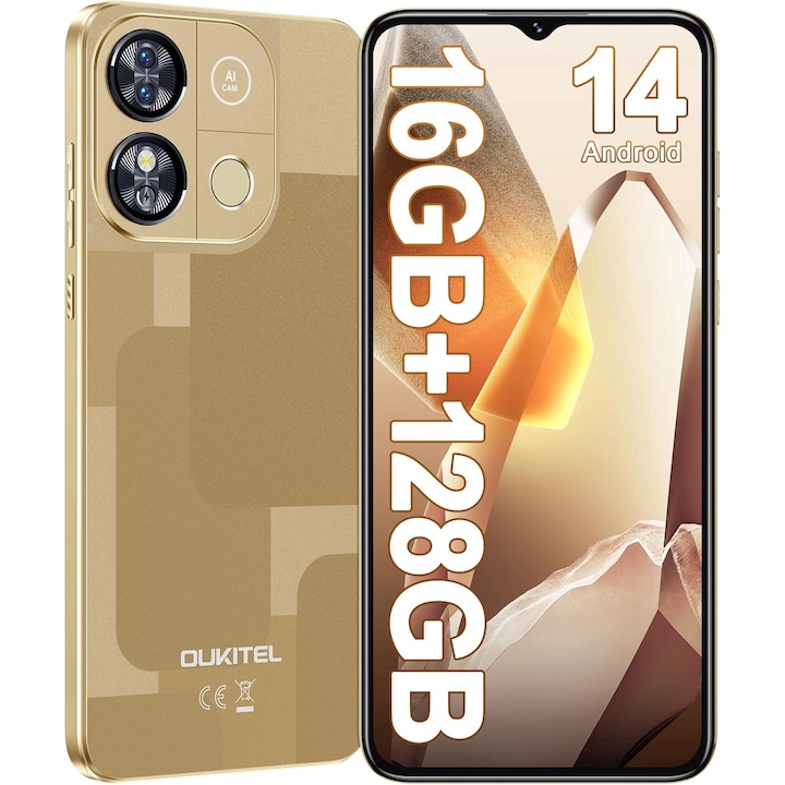 Мобилен телефон OUKITEL C57 PRO, 16GB RAM + 128GB ROM, Android 14, 6,52 инча, 4300mAh батерия, 4G Dual SIM, злато