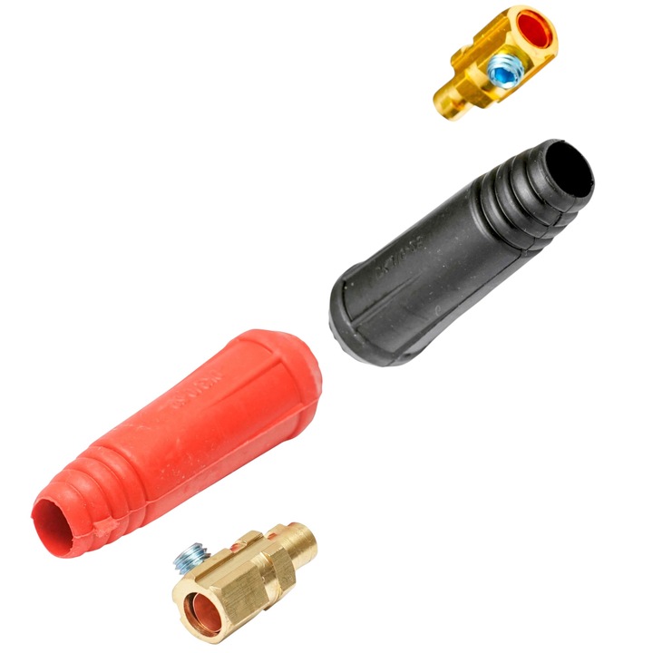 Set conector rapid, universal pentru orice tip de aparat de sudat, rosu si negru model tata 9mm, montare rapida, din cupru, diametru cablu 10-25mm, montare rapida