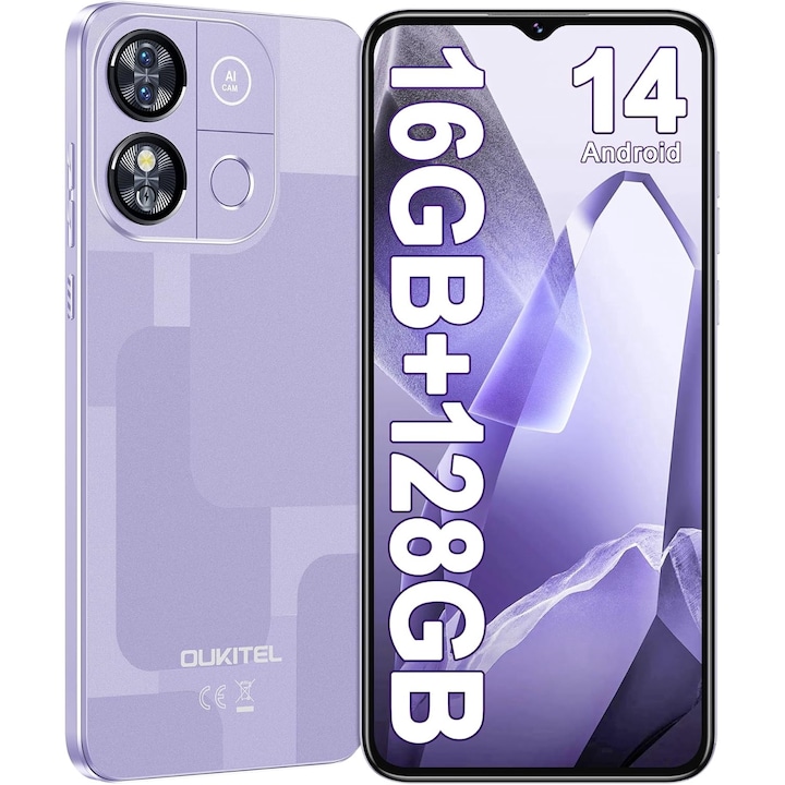 Мобилен телефон OUKITEL C57 PRO, 16GB RAM + 128GB ROM, Android 14, 6,52 инча, 4300mAh батерия, 4G Dual SIM, лилав