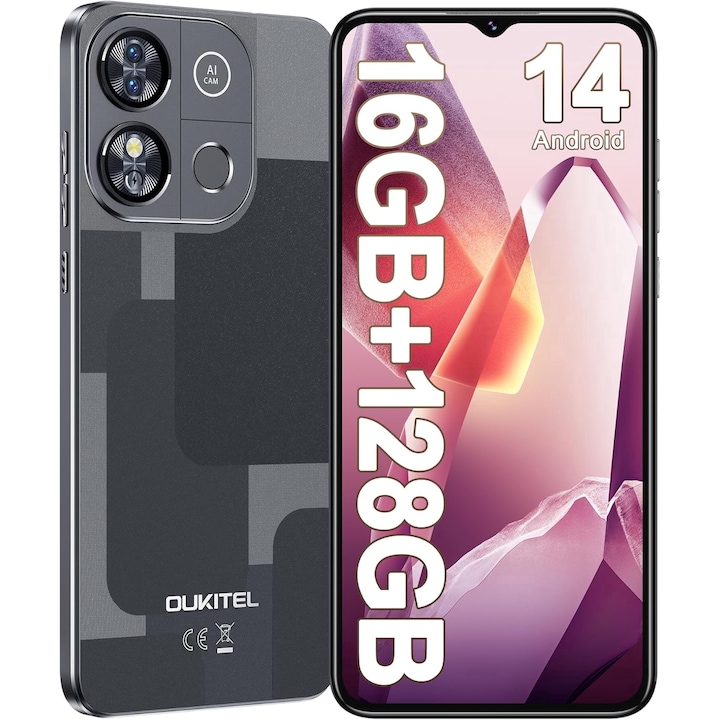 Мобилен телефон OUKITEL C57 PRO, 16GB RAM + 128GB ROM, Android 14, 6,52 инча, 4300mAh батерия, 4G две SIM карти, черен
