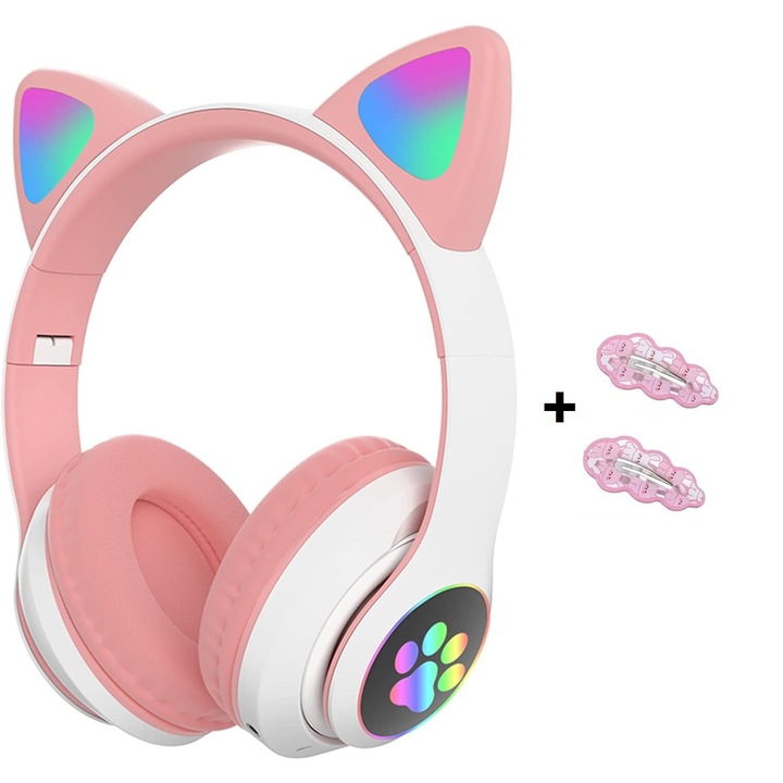 Безжични слушалки, Сгъваеми, котешки уши, Bluetooth 5.0, свободни ръце, HiFi, бас стерео, LED, TF, бели/розови