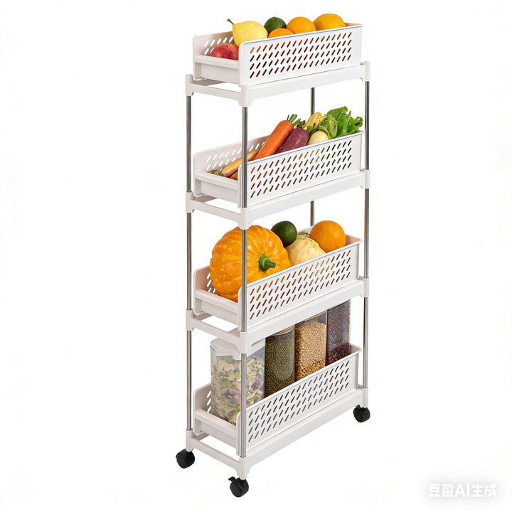 Carucior multifunctional cu roti, raft universal, unitate de rafturi reglabile pe 4 niveluri. Potrivit pentru bai, bucatarii, dulapuri, camari, birouri si spatii sub chiuveta. Accesorii, parfum, roti, plastic, alb, 119,5 x 18 x 46 cm