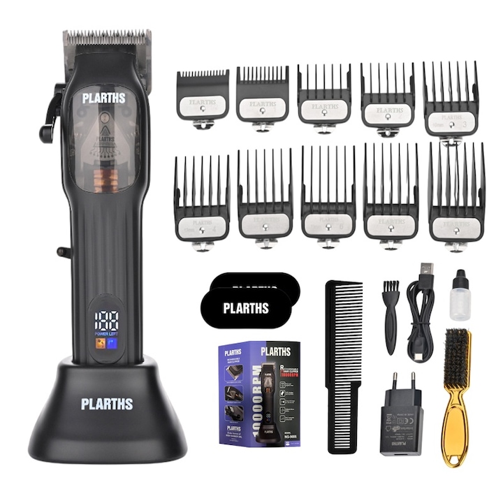 Професионална машинка за подстригване PLARTHS NG-9006, магнитен мотор 10 000 об/мин, керамичен нож, 10 първокласни щрангове 1,5-25 мм, стойка за зареждане, гребен, четка за избледняване, шнола за коса, черна