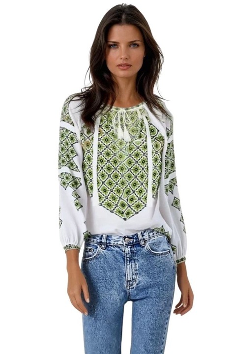 Bluza tip ie traditionala, Alb/Verde Broscuta