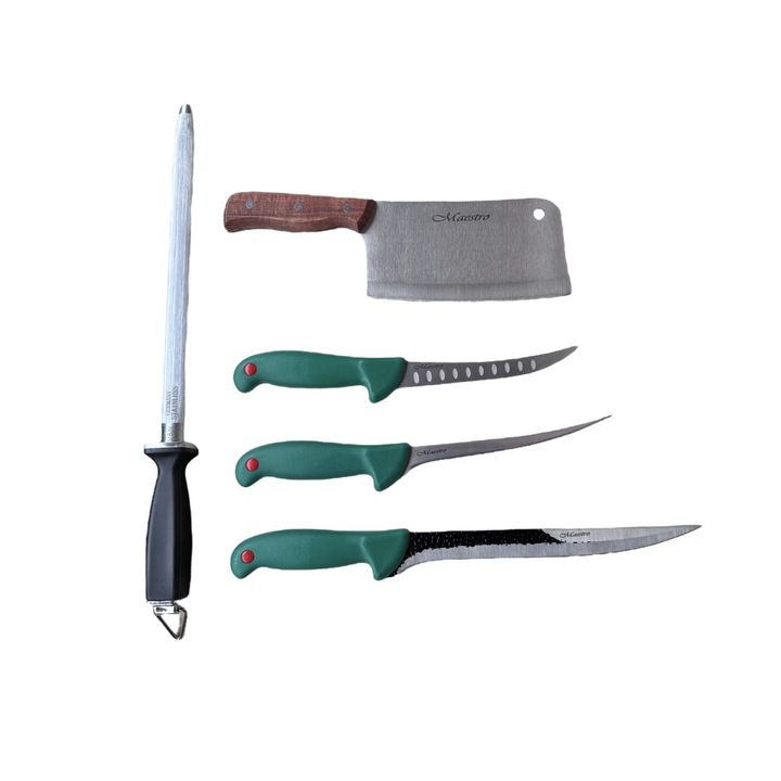 Комплект от 4 професионални ножа + професионален нож – 1 прободен нож с двойно острие (25 см), 1 нож с резба и обвивка (18 см), 1 нож с резба и обвивка (16 см), 1 сатър (17 см), 1 нож (30 см ) )